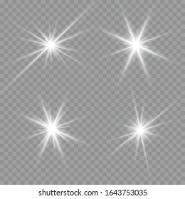 Set of white glowing stars with light burst. Bright stars on a transparent background. Sparkling magic dust particles. Set of glare, explosion, sparkle, line, sun flare.Vector illustration, EPS 10. 