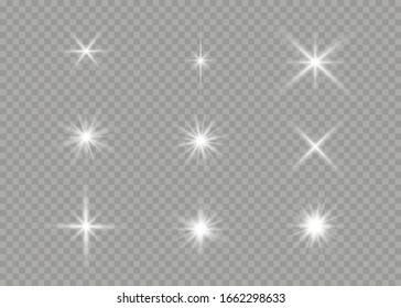 Set Of White Glowing Stars With Light Burst. Glare, Explosion, Sparkle, Line, Sun Flare. Set Of Bright Stars On A Transparent Background. Sparkling Magic Dust Particles. Vector Illustration, EPS 10.