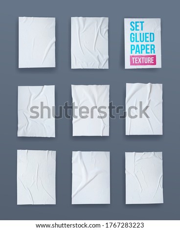 Set of white glued paper wrinkled effect. Badly wet glued paper or gray adhesive foil with crumpled and creased wrinkled texture. Realistic background. Vector illustration. Isolated on grey background