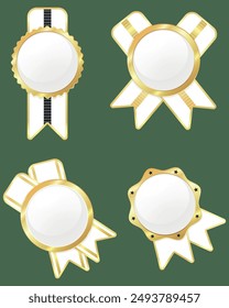 Set of White and Gold Badges, Conical Emblems, Ribbon, Golden Gradient, Collection of Labels, Vector Illustration	

