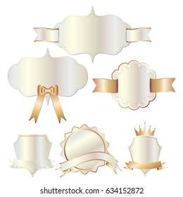 Set of white gold badges label and ribbon, Greeting card, vector tag illustration