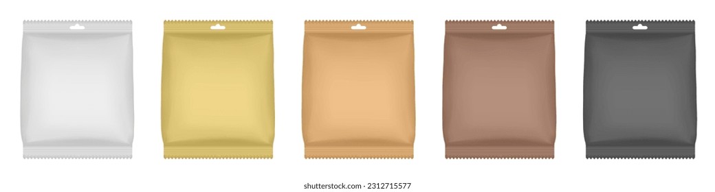 Set of white, gold, beige, brown and black flow packs. Candies or snacks. Realistic 3d mockup of a flow pack or sachet. Pouch with a hanging hole