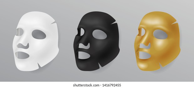 Set white, gold and black cloth face mask, cosmetic procedures, rejuvenation, realistic vector illustration isolated
