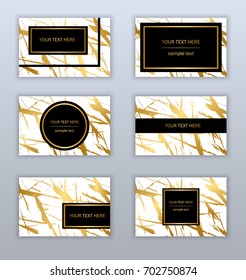 Set of white and gold business cards templates. Modern abstract design. Hand drawn ink pattern. Brush texture.