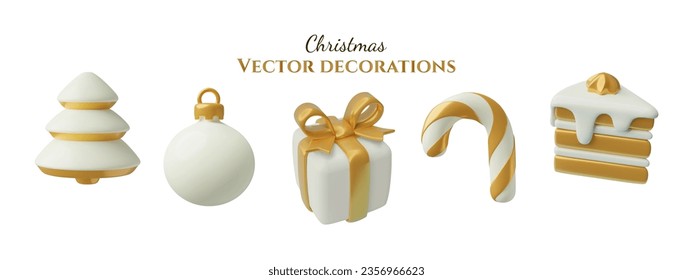 Set of white and gold Christmas icons. 3d vector objects isolated on white background. Minimal toy three dimensional decorations collection for New Year and winter holiday festive design.