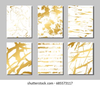 Set of white and gold flyers. Modern abstract design. Hand drawn ink pattern. Brush texture.