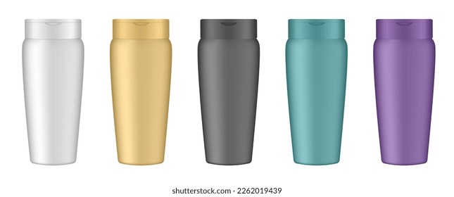 Conjunto de botellas de cosmético blancas, doradas, verdes, puples y negras. Burla realista. Empaque coreano. Loción o gel de ducha. Acondicionador o máscara de pelo