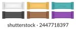 Set of white, gold, green, purple, black and brown flow packs. Chocolate bar or ice cream wrapper. Silver foil bag. Realistic 3d mockup of a cookie snacks. Pouch	