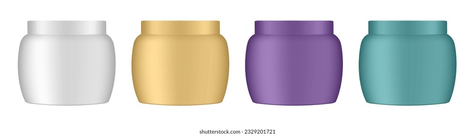 Set of white, gold, green and purple cosmetic jars. Realistic mockup. Korean packaging. Conditioner or hair mask. Facial cream