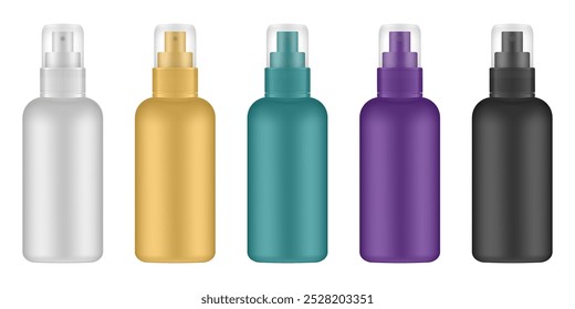 Set of white, gold, green, purple and black cosmetic bottles with pump. Dispenser. Korean packaging. Lotion or serum. Mist, hair spray, air freshener container. Mockup of aerosol. Transparent cap