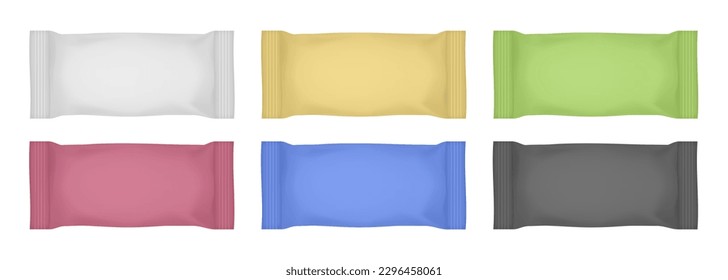 Set of white, gold, green, red, black and blue flow packs. Chocolate bar or ice cream wrapper. Silver foil bag. Realistic 3d mockup of a cookie snacks. Pouch