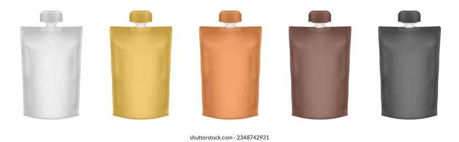 Set of white, gold, orange, brown and black spouted pouches. Fruit puree in a doy pack. Juice in a plastic bag. Flexible doypack with cap. Baby food pack