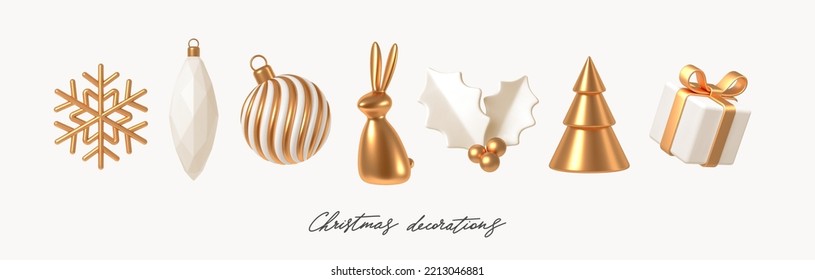 Set of white and gold realistic Christmas decorations. 3d render vector illustration. Design elements for greeting card or invitation. - Shutterstock ID 2213046881