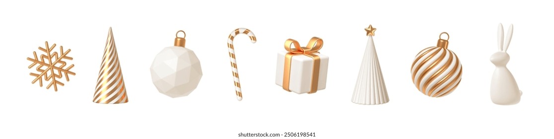 Set of white and gold realistic Christmas decorations. 3d render vector illustration. Design elements for greeting card or invitation.