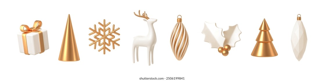 Set of white and gold realistic Christmas decorations. 3d render vector illustration. Design elements for greeting card or invitation.