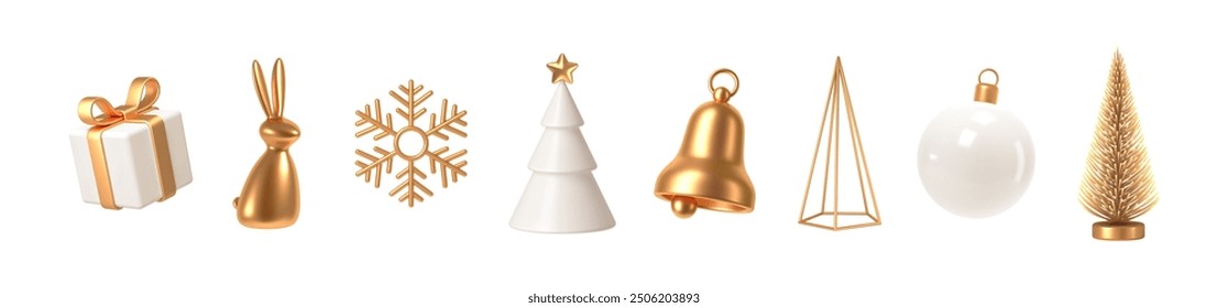 Set of white and gold realistic Christmas decorations. 3d render vector illustration. Design elements for greeting card or invitation.