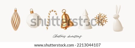 Set of white and gold realistic Christmas decorations. 3d render vector illustration. Design elements for greeting card or invitation.