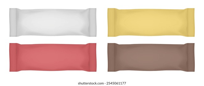 Set of white, gold, red, and black flow packs. Chocolate bar or ice cream wrapper. Foil bag. Realistic 3d mockup of a snack. Pouch
