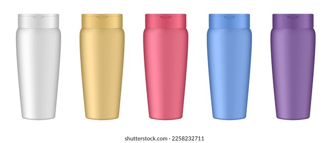 Set of white, gold, red, blue and purple cosmetic bottles. Realistic mockup. Korean packaging. Lotion or shower gel. Conditioner or hair mask.