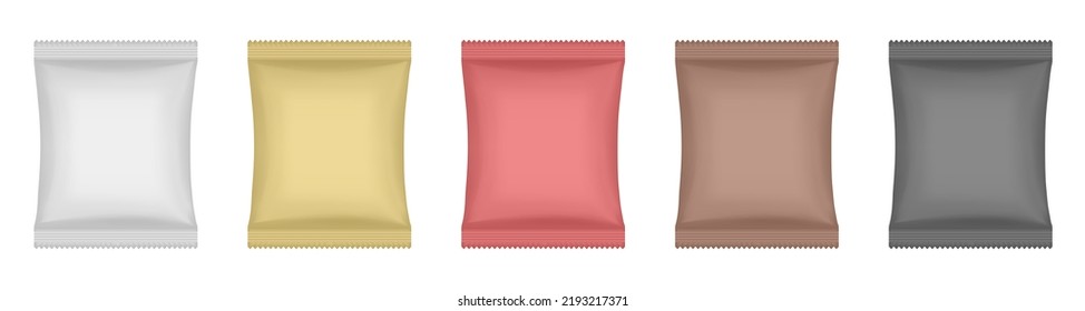 Set of white, gold, red, brown and black flow packs. Soap or wet wipes. Realistic 3d mockup of a flow pack or sachet. Pouch
