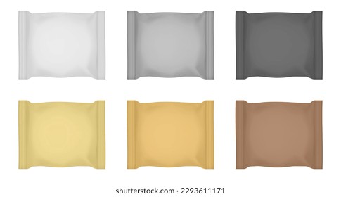 Set of white, gold, silver, black and brown flow packs. Chocolate bar or ice cream wrapper. Silver foil bag. Realistic 3d mockup of a cookie snacks. Pouch