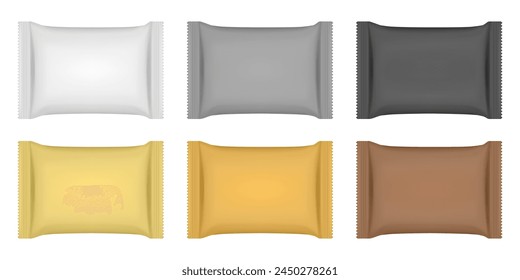 Set of white, gold, silver, black and brown flow packs. Chocolate bar or ice cream wrapper. Silver foil bag. Realistic 3d mockup of a cookie snacks. Pouch