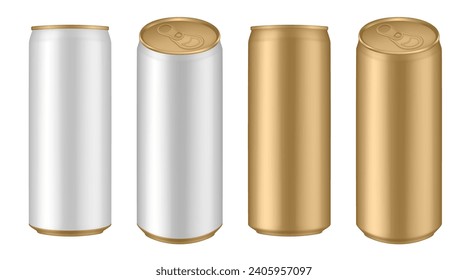 Set of white and gold tin cans of energy drink, juice or soda. Cocktail or fitness drink. Cold beverages. Can top view	
