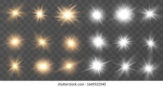 Set of White and golden glowing light . Sparkling magical dust particles. Star burst with sparkles on a transparent background