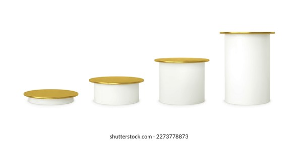 Set white golden plinth podium base platform different heights. 3d round blank stand pedestal for product presentation.Vector cylinder shape. Podium mockup realistic illustration