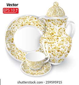 set white golden yellow floral pattern dishes of coffee chocolate tea, cup, pitcher, coffee pot, plate isolated on white background icon vector illustration