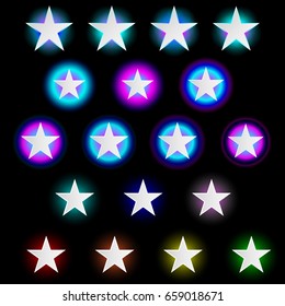 set of white gradient stars signs with glow and round transparent neon luminescence colors on black background, vector illustration
