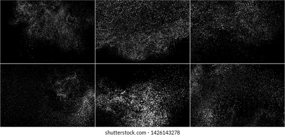 Set of White Grainy Texture Isolated On Black Background. Dust Overlay Texture. Noise Particles. Snow Effects Pack. Digitally Generated Image. Vector Illustration, EPS 10.