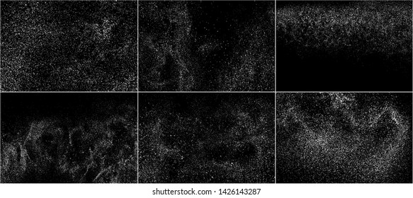 Set of White Grainy Texture Isolated On Black Background. Dust Overlay Texture. Noise Particles. Snow Effects Pack. Digitally Generated Image. Vector Illustration, EPS 10.