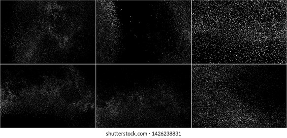 Set of White Grainy Texture Isolated On Black Background. Dust Overlay Texture. Noise Particles. Snow Effects Pack. Digitally Generated Image. Vector Illustration, EPS 10.