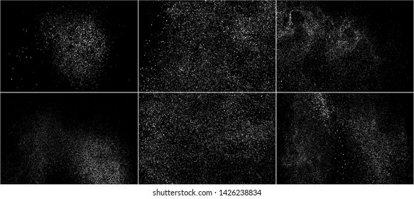 Set of White Grainy Texture Isolated On Black Background. Dust Overlay Texture. Noise Particles. Snow Effects Pack. Digitally Generated Image. Vector Illustration, EPS 10.