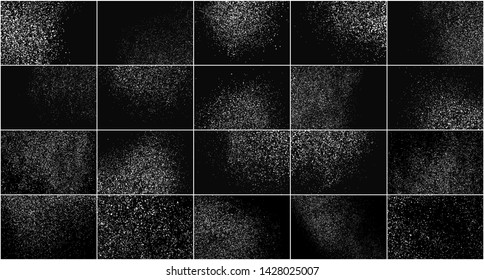 Set of White Grainy Texture Isolated On Black Background. Dust Overlay Texture. Noise Particles. Snow Effects Pack. Digitally Generated Image. Vector Illustration, EPS 10.