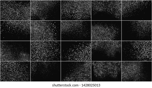Set of White Grainy Texture Isolated On Black Background. Dust Overlay Texture. Noise Particles. Snow Effects Pack. Digitally Generated Image. Vector Illustration, EPS 10.