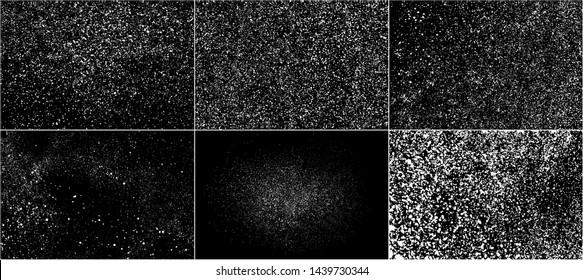 Set of White Grainy Texture Isolated On Black Background. Dust Overlay Texture. Noise Particles. Snow Effects Pack. Digitally Generated Image. Vector Illustration, EPS 10.