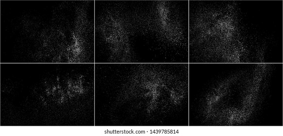 Set of White Grainy Texture Isolated On Black Background. Dust Overlay Texture. Noise Particles. Snow Effects Pack. Digitally Generated Image. Vector Illustration, EPS 10.