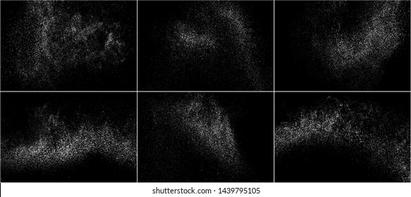 Set of White Grainy Texture Isolated On Black Background. Dust Overlay Texture. Noise Particles. Snow Effects Pack. Digitally Generated Image. Vector Illustration, EPS 10.