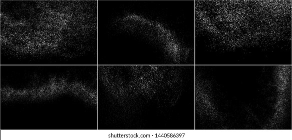 Set of White Grainy Texture Isolated On Black Background. Dust Overlay Texture. Noise Particles. Snow Effects Pack. Digitally Generated Image. Vector Illustration, EPS 10.