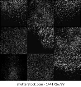 Set of White Grainy Texture Isolated On Black Background. Dust Overlay Texture. Noise Particles. Snow Effects Pack. Digitally Generated Image. Vector Illustration, EPS 10.
