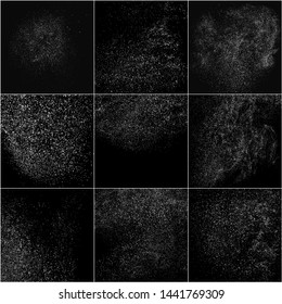 Set of White Grainy Texture Isolated On Black Background. Dust Overlay Texture. Noise Particles. Snow Effects Pack. Digitally Generated Image. Vector Illustration, EPS 10.