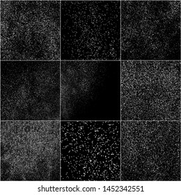Set of White Grainy Texture Isolated On Black Background. Dust Overlay Texture. Noise Particles. Snow Effects Pack. Digitally Generated Image. Vector Illustration, EPS 10.