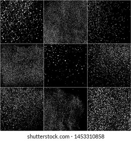 Set of White Grainy Texture Isolated On Black Background. Dust Overlay Texture. Noise Particles. Snow Effects Pack. Digitally Generated Image. Vector Illustration, EPS 10.