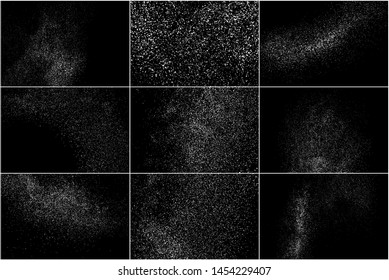 Set of White Grainy Texture Isolated On Black Background. Dust Overlay Texture. Noise Particles. Snow Effects Pack. Digitally Generated Image. Vector Illustration, EPS 10.