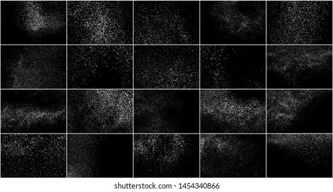Set of White Grainy Texture Isolated On Black Background. Dust Overlay Texture. Noise Particles. Snow Effects Pack. Digitally Generated Image. Vector Illustration, EPS 10.