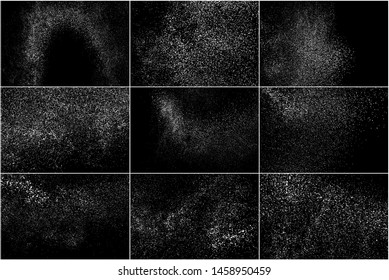 Set of White Grainy Texture Isolated On Black Background. Dust Overlay Texture. Noise Particles. Snow Effects Pack. Digitally Generated Image. Vector Illustration, EPS 10.