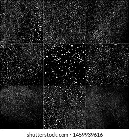 Set of White Grainy Texture Isolated On Black Background. Dust Overlay Texture. Noise Particles. Snow Effects Pack. Digitally Generated Image. Vector Illustration, EPS 10.