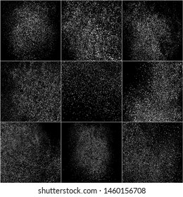 Set of White Grainy Texture Isolated On Black Background. Dust Overlay Texture. Noise Particles. Snow Effects Pack. Digitally Generated Image. Vector Illustration, EPS 10.